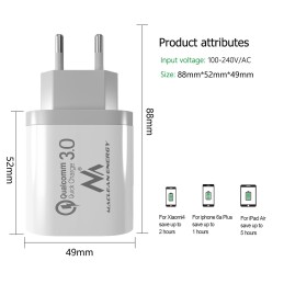 Maclean Energy QC 3.0 töltő MCE479 B - fehér Qualcomm Quick Charge 3.6-6V / 3A, 6-9V / 2A, 9-12V / 1.5A, 6-9V / 2A, 9-12V / 1.5A